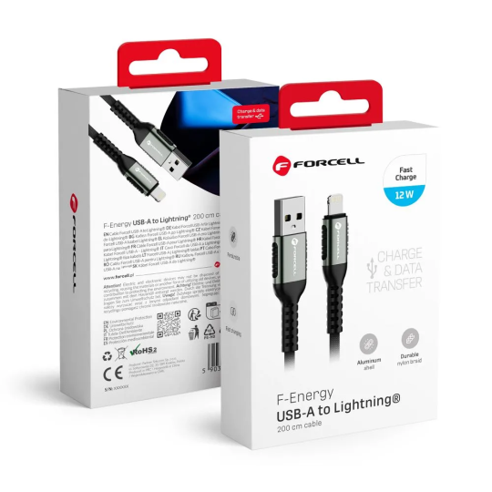 FORCELL F-ENERGY Câble nylon tressé USB-A vers Lightning 2,4A 12W 2m