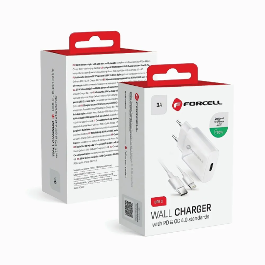 FORCELL F-ENERGY Chargeur secteur 20W USB-C + câble USB-C vers Lightning 1,2m