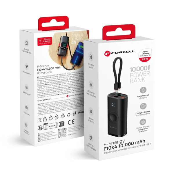 FORCELL F-ENERGY Batterie externe noire USB-A USB-C Lightning compatible Apple Watch 3A 22,5W 10 000 mAh