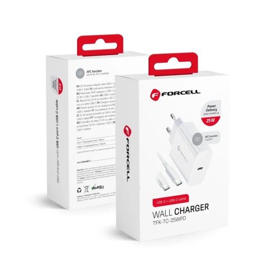 FORCELL Chargeur secteur avec câble USB type C et câble type C - 3A 25W avec fonction de charge PD et QC 4.0