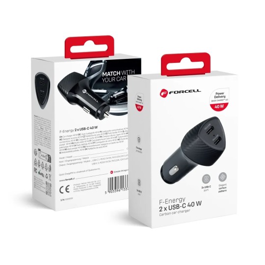 FORCELL F-ENERGY Chargeur adaptateur carbone pour voiture 2x USB-C 20W