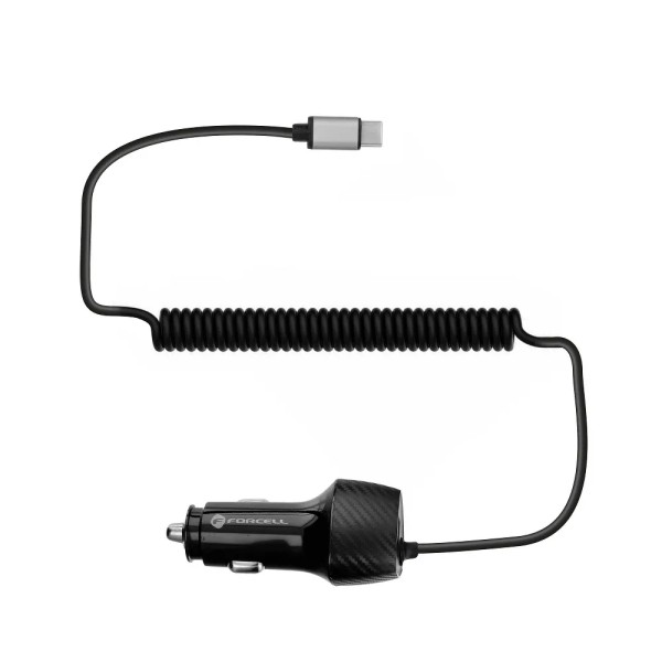 FORCELL F-ENERGY Chargeur adaptateur rapide carbone pour voiture USB-A 18W + câble USB-C 20W 3A