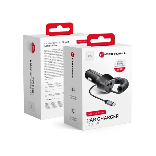 FORCELL F-ENERGY Chargeur adaptateur carbone pour voiture USB-A 18W + câble USB-C 20W 3A