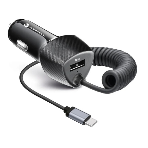 FORCELL F-ENERGY Chargeur adaptateur rapide carbone pour voiture USB-A 18W + câble USB-C 20W 3A