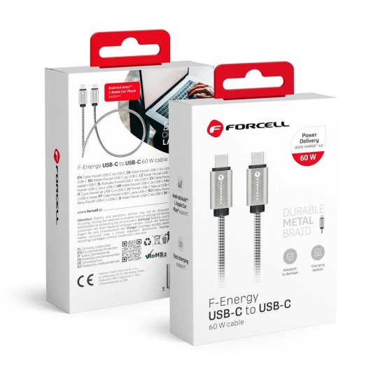 FORCELL F-ENERGY Câble métal charge rapide USB-C vers USB-C 3A 60W 1m