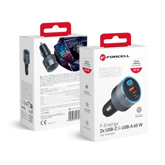 FORCELL F-ENERGY Chargeur adaptateur alu pour voiture 2x USB-C + USB-A 4.5A 65W