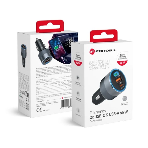 FORCELL F-ENERGY Chargeur adaptateur alu pour voiture 2x USB-C + USB-A 4.5A 65W
