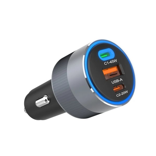 FORCELL F-ENERGY Chargeur adaptateur alu pour voiture 2x USB-C + USB-A 4.5A 65W