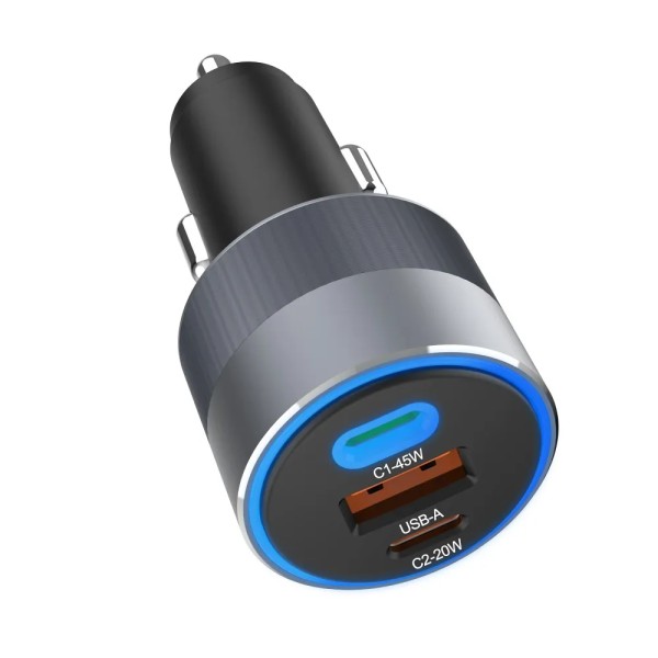 FORCELL F-ENERGY Chargeur adaptateur alu pour voiture 2x USB-C + USB-A 4.5A 65W
