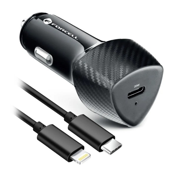 FORCELL F-ENERGY Chargeur adaptateur carbone pour voiture USB-C 20W + câble Lightning 20W