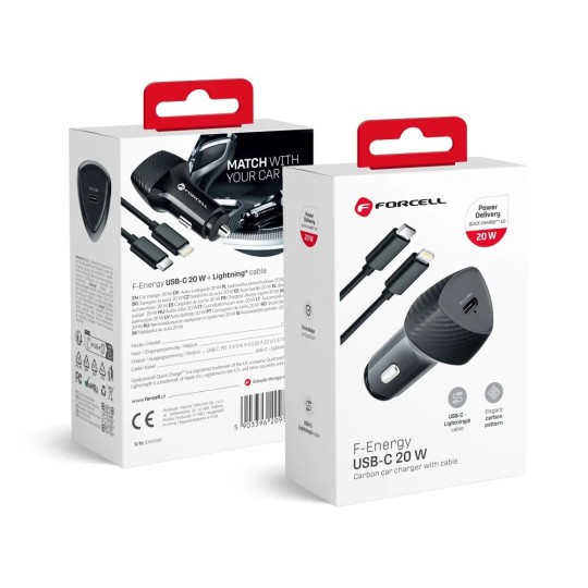 FORCELL F-ENERGY Chargeur adaptateur carbone pour voiture USB-C 20W + câble Lightning 20W
