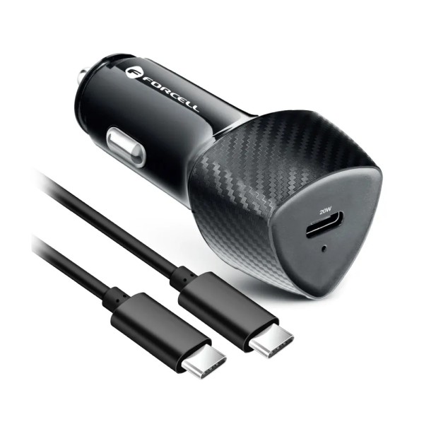 FORCELL F-ENERGY Chargeur adaptateur carbone pour voiture USB-C 20W + câble USB-C vers USB-C 60W