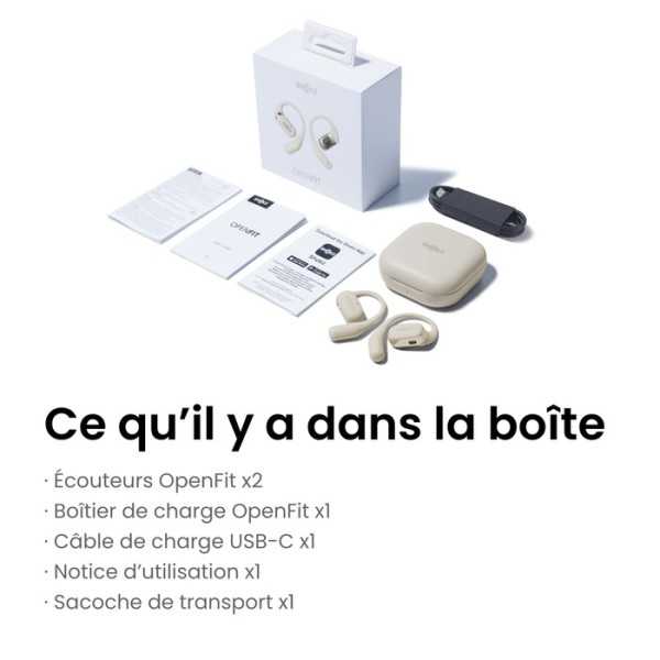 Contenu de la boîte SHOKZ OpenFit Beige - Ecouteurs bluetooth TWS à conduction osseuse