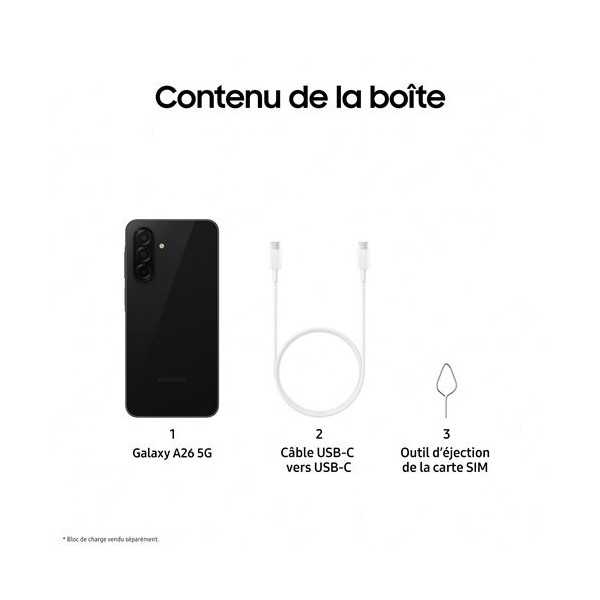 Contenu de la boîte du SAMSUNG Galaxy A26 5G Noir - Neuf