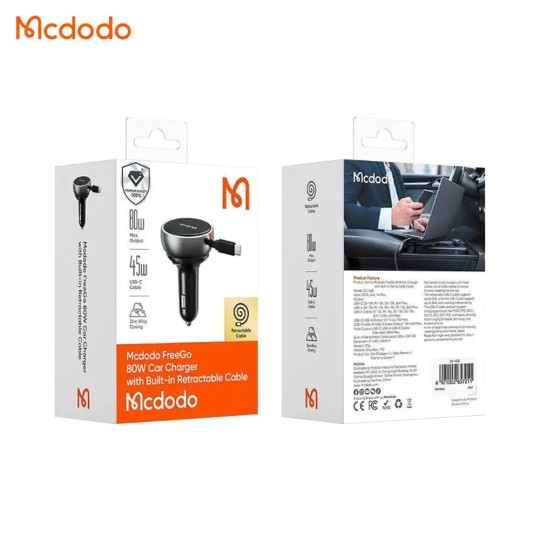 MCDODO Chargeur Allume-Cigare CC-4850 80W avec Câble Rétractable Noir