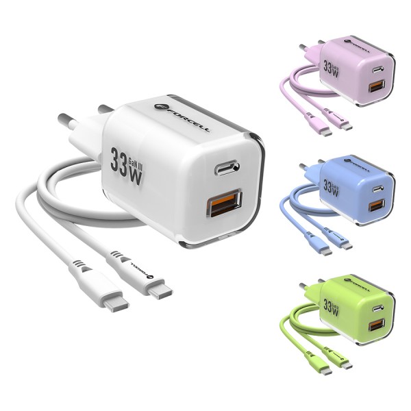 FORCELL F-ENERGY CRYSTAL Chargeur secteur USB-C USB-A GaN3 33W avec câble USB-C vers USB-C