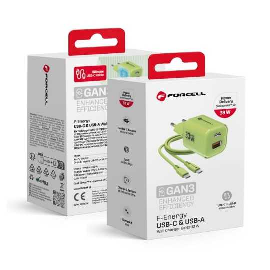 FORCELL F-ENERGY CRYSTAL Chargeur secteur USB-C USB-A GaN3 33W avec câble USB-C vers USB-C