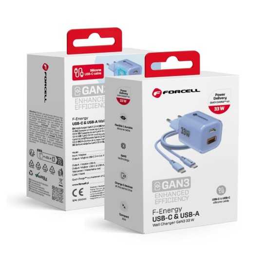 FORCELL F-ENERGY CRYSTAL Chargeur secteur USB-C USB-A GaN3 33W avec câble USB-C vers USB-C