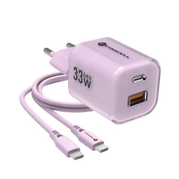FORCELL F-ENERGY CRYSTAL Chargeur secteur USB-C USB-A GaN3 33W avec câble USB-C vers USB-C