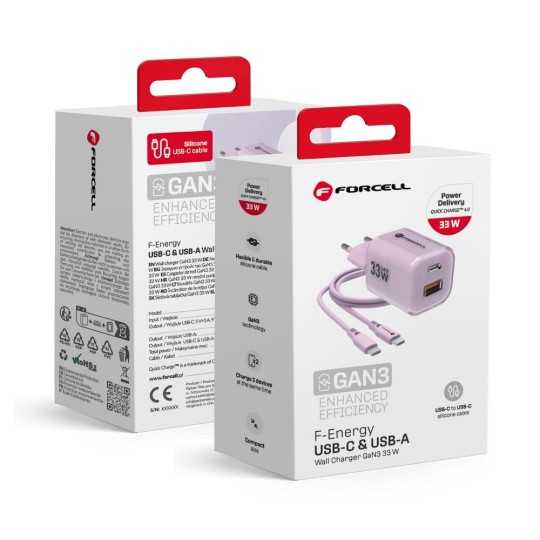 FORCELL F-ENERGY CRYSTAL Chargeur secteur USB-C USB-A GaN3 33W avec câble USB-C vers USB-C