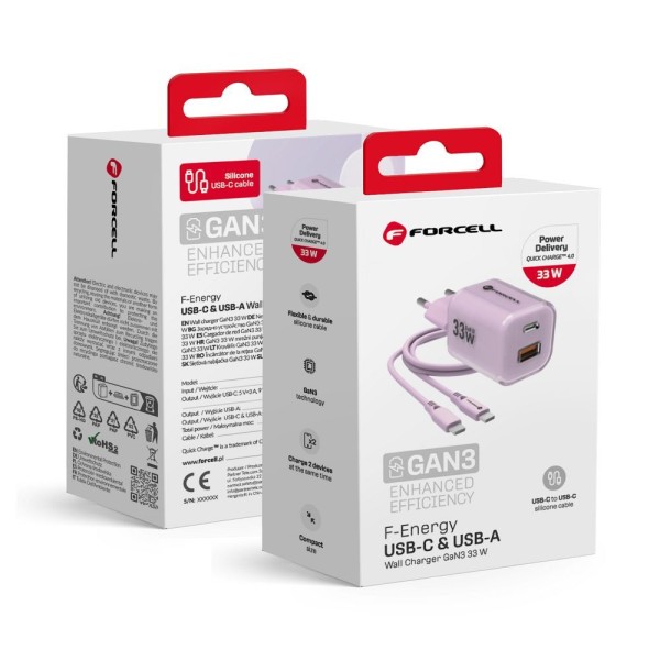 FORCELL F-ENERGY CRYSTAL Chargeur USB-C USB-A GaN3 33W Rose avec câble USB-C vers USB-C