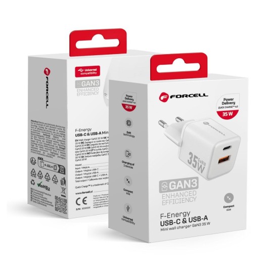 FORCELL F-ENERGY Mini chargeur blanc compacte GaN3 35W USB-C USB-A