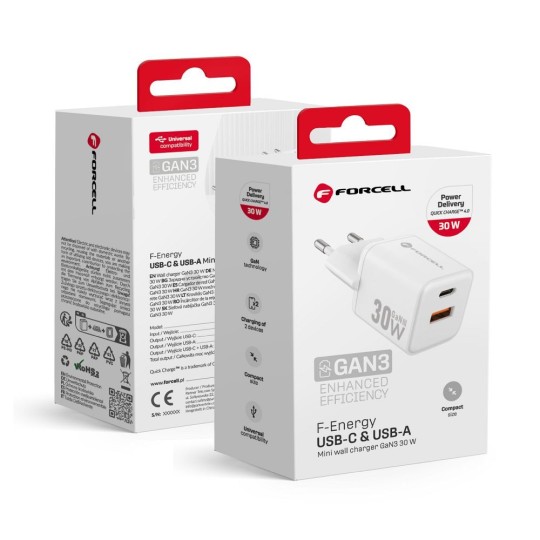 FORCELL F-ENERGY Mini chargeur blanc compacte GaN3 30W USB-C USB-A