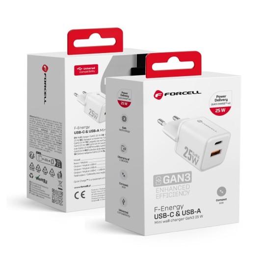 FORCELL F-ENERGY Mini chargeur blanc compacte GaN3 25W USB-C USB-A