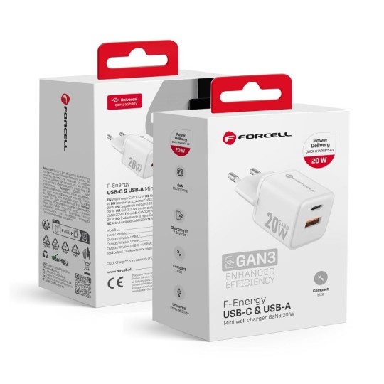 FORCELL F-ENERGY Mini chargeur blanc compacte GaN3 20W USB-C USB-A