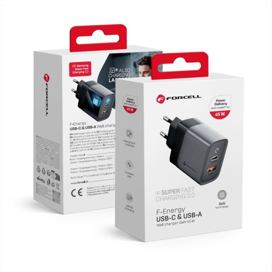 FORCELL F-ENERGY Chargeur super rapide GaN3 2.0 45W USB-C USB-A