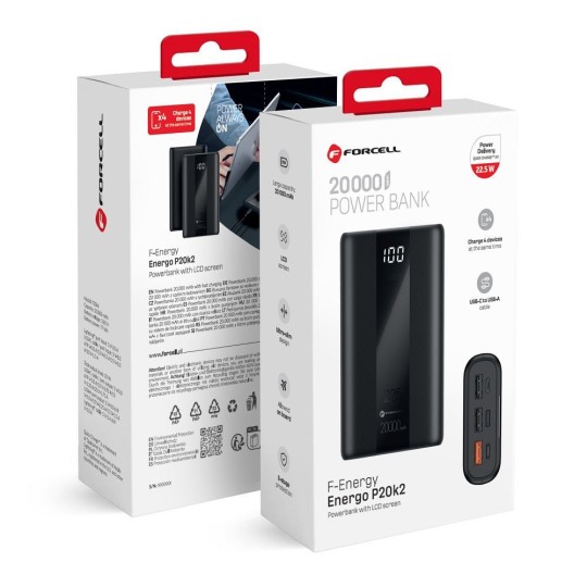 FORCELL F-ENERGY P20K2 Batterie externe avec câble USB-C vers USB-A 20 000mAh 22.5W