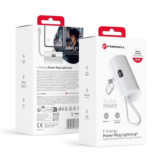 FORCELL F-ENERGY Batterie externe avec câble USB-C et connecteur Lightning intégré 5 000mAh 20W Blanc