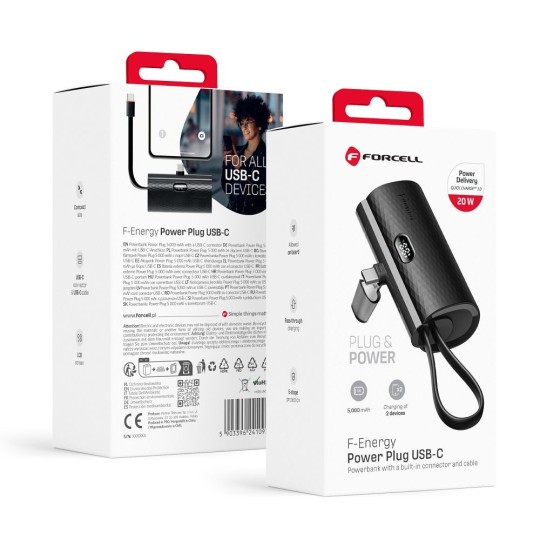 FORCELL F-ENERGY Batterie externe avec câble et connecteur USB-C intégré 5 000mAh 20W Noir