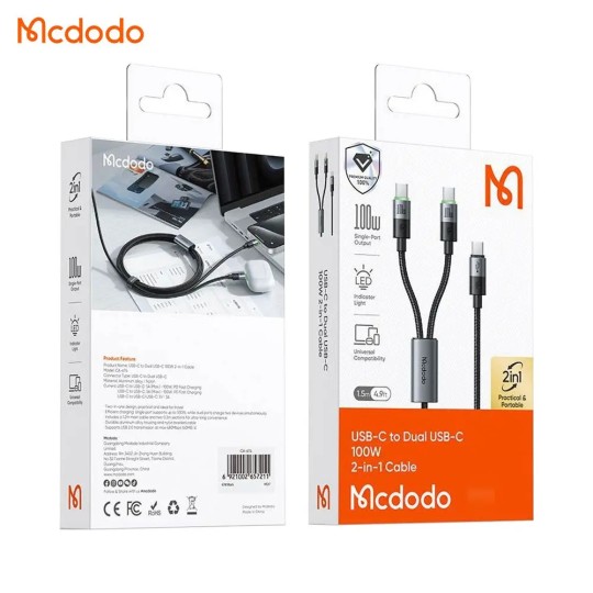 MCDODO Câble USB-C vers 2x USB-C 100W 1.5m Noir