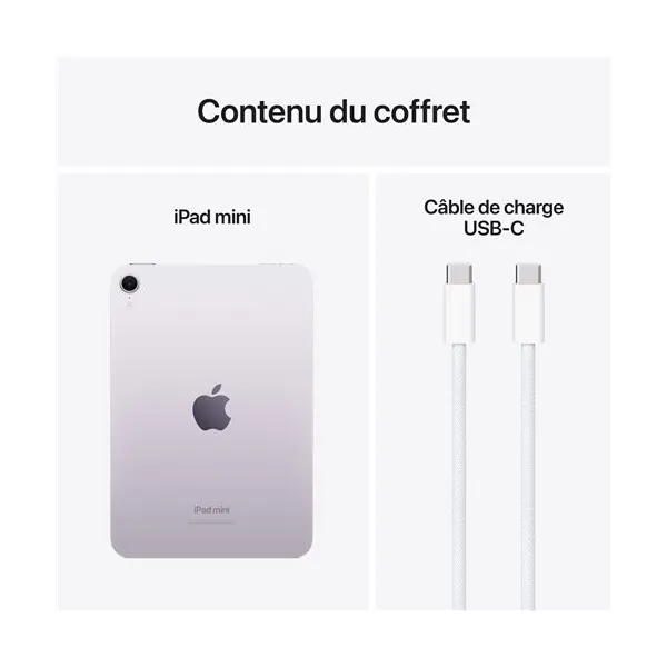 Contenu du coffret APPLE iPad mini 2024 (7ème génération) Puce A17 Pro Mauve - Neuf