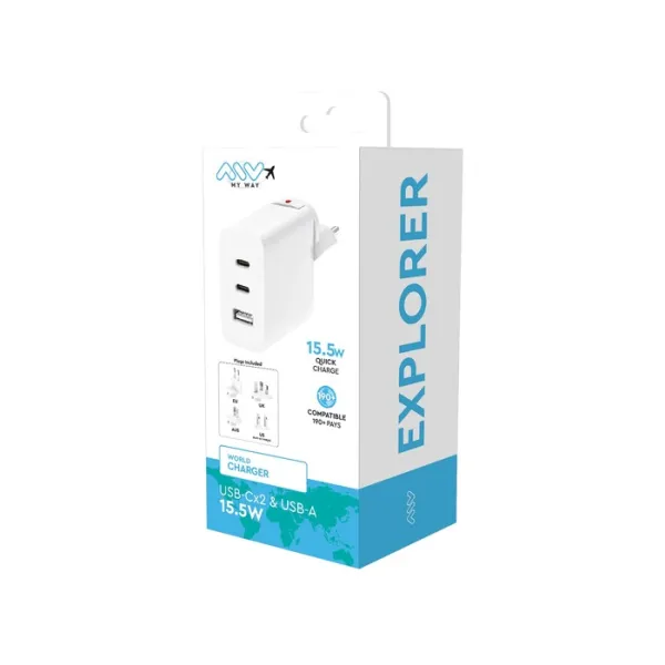 Emballage MYWAY CHARGEUR SECTEUR MONDE EU/US/UK/AUS 15W 2 USB-C USB-A
