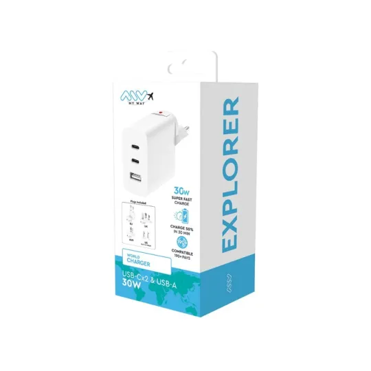 MYWAY CHARGEUR SECTEUR MONDE EU/US/UK/AUS 2 USB-C USB-A