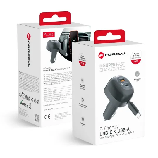Emballage FORCELLE F-Energy Adaptateur allume cigare USB-C + USB-A + Câble rétractable USB-C 75W