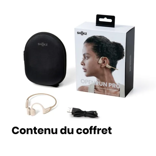 Contenu du coffret SHOKZ OpenRun Pro Beige - Ecouteurs bluetooth TWS à conduction osseuse