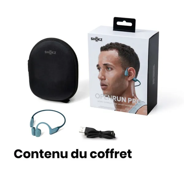 Contenu du coffret SHOKZ OpenRun Pro Bleu - Ecouteurs bluetooth TWS à conduction osseuse