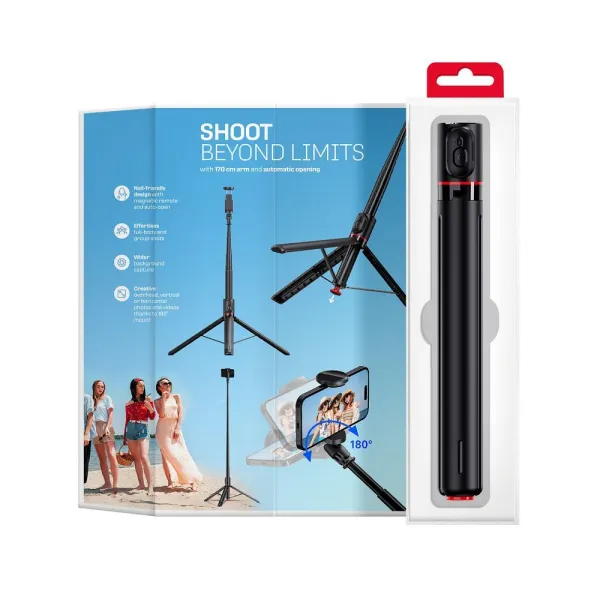 FORCELL F-GRIP F170XL Trépied / Perche à selfie noire 1,70m avec télécommande sans fil