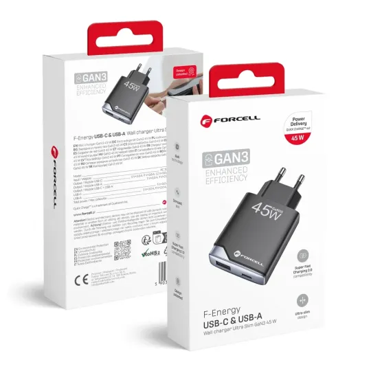 FORCELL F-Energy Chargeur réseau 45W port USB-C et USB-A emballage