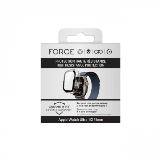 FORCE Coque pour Apple Watch Ultra 1/2 transparente avec contours noirs