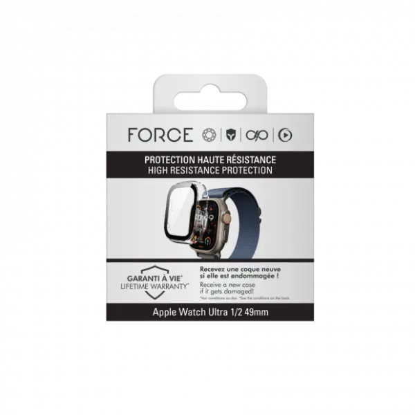 FORCE Coque pour Apple Watch Ultra 1/2 transparente avec contours noirs