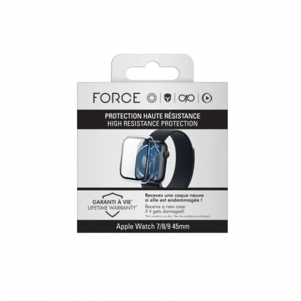 FORCE Coque pour Apple Watch 7/8/9 transparente avec contours noirs