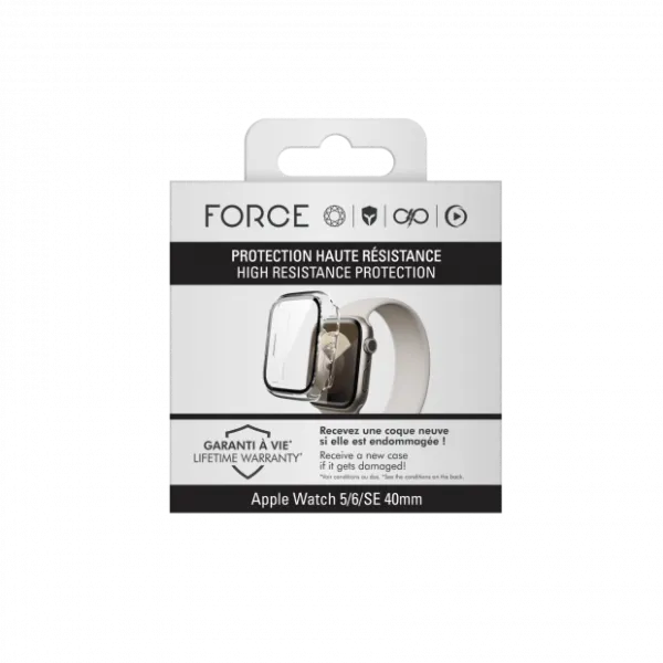 FORCE Coque pour Apple Watch 5/6/SE transparente avec contours noirs