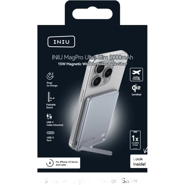 INIU MagPro Slim Powerbank sans fil MagSafe/Qi 5000mAh 15W Blanc