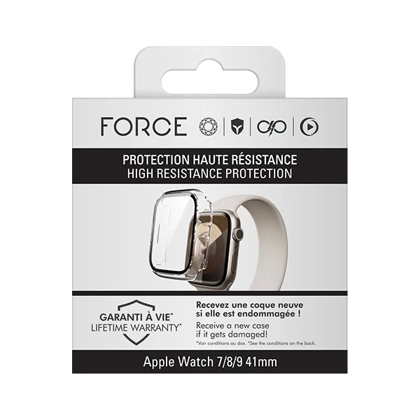 FORCE Coque pour Apple Watch 7/8/9 41mm transparente avec contours noirs