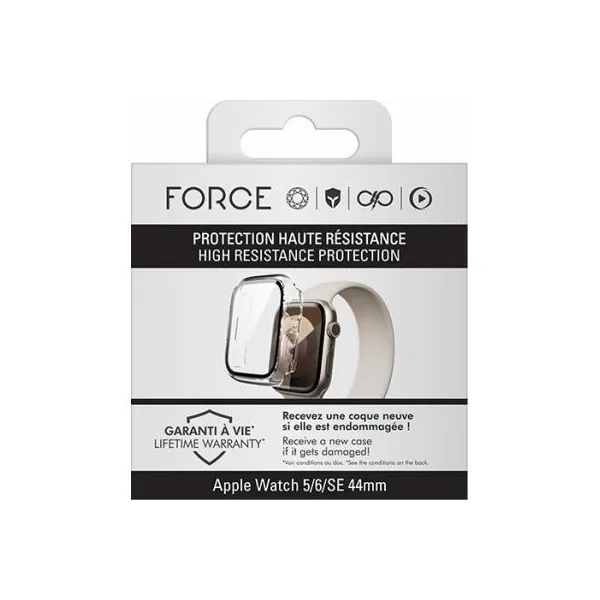 FORCE Coque pour Apple Watch 5/6/SE 44mm transparente avec contours noirs