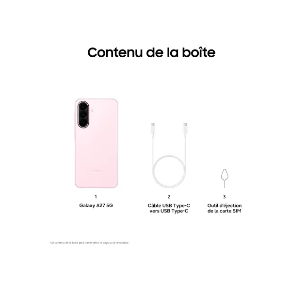 SAMSUNG Galaxy A27 5G - Neuf Rose contenu du coffret